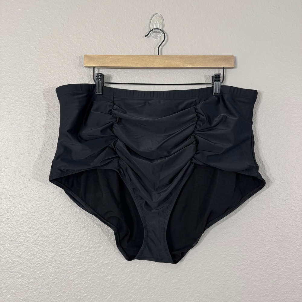 Torrid Women's Size 4X Plus Solid Black Ruched High Waisted Swim Bottoms